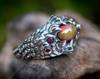 Sterling Silver Dragon Eye Ring with Gemstone, Fantasy Jewelry