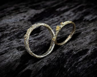 14K Gold Baumrinde Natur Ehering Set, Passende Bands Geschenk