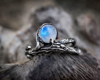 Rainbow Moonstone Ring, Sterling Silver Twig Band, Lunar Energy Jewelry