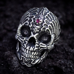 Silver Skull Ring &#39;Spiral&#39; | Skull Ring Men  | Mens Skull Ring. Unique Skull Ring  | Skull Ring Silver  | Carved Skull Ring