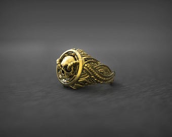 14K gouden herenring met biomechanische schedel, gotische krijger statement sieraden