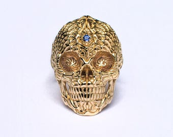 Solid Gold Sacred Skull Ring with Sapphire, Engraved Biker Jewelry