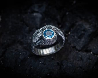 Sterling Silver Snake Ring with Blue Topaz Gemstone