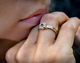 14K Gold Lotus Flower Ring, Blooming Gemstone Engagement Band