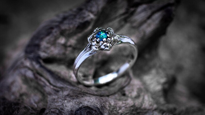 Sterling Silver Rainbow Moonstone Ring, Silver Flower Design image 6