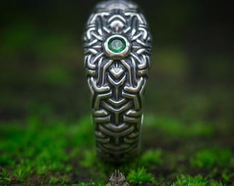 Oxidized Sterling Silver Mandala Ring with Gemstone, Spiritual Geometric Band