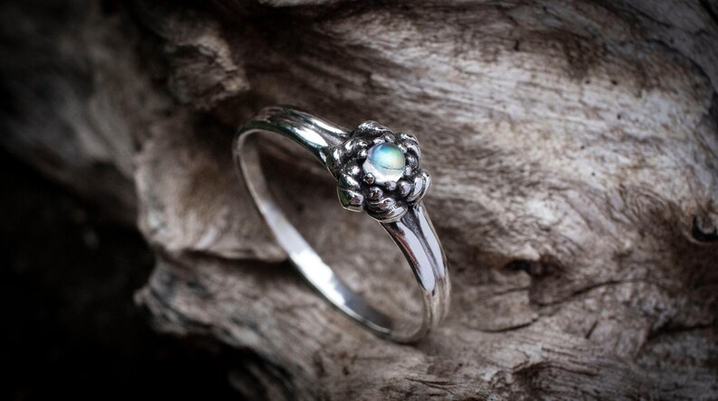 Sterling Silver Rainbow Moonstone Ring, Silver Flower Design image 2