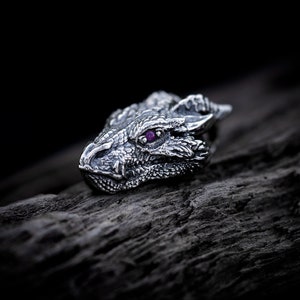 May include: A silver dragon head ring with a purple gemstone eye.