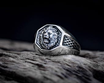 Anillo de sello con cabeza de león de plata de ley oxidada, joyería con símbolo de poder para hombre.