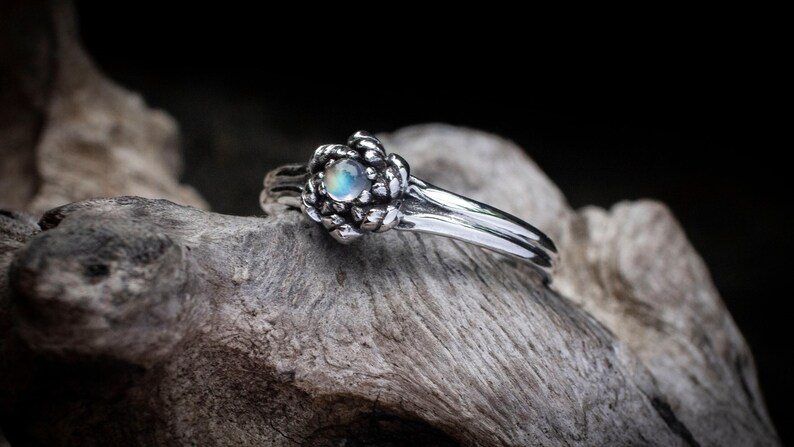 Sterling Silver Rainbow Moonstone Ring, Silver Flower Design image 3