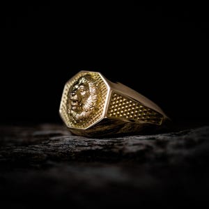 Anillo de sello con cabeza de león de oro macizo de 14 quilates para hombre, símbolo de poder, joyería artesanal.