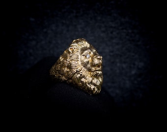 Gold Löwenring mit Diamantauge, Tier Schmuck, Statement Ring