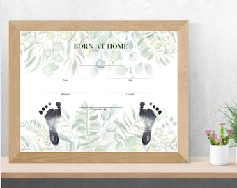 Keepsake Homebirth Certificate with Greenery design. Perfect for footprints: Digital Download