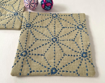 Posavasos de tela, posavasos Sashiko, posavasos bordados, juego de dos