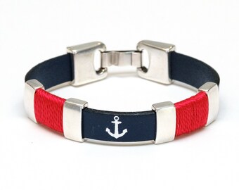 Preppy Leather Bracelet / Navy Blue Leather / Silver Anchor Bracelet / Red Bracelet / Nautical Jewelry / Nautical Gift / Nautical Bracelet