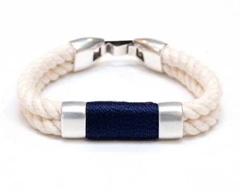 Nautical Rope Bracelet / Ivory Rope Bracelet / Silver Nautical Bracelet / Nautical Jewelry / Nautical Gift / Navy Blue Rope Bracelet