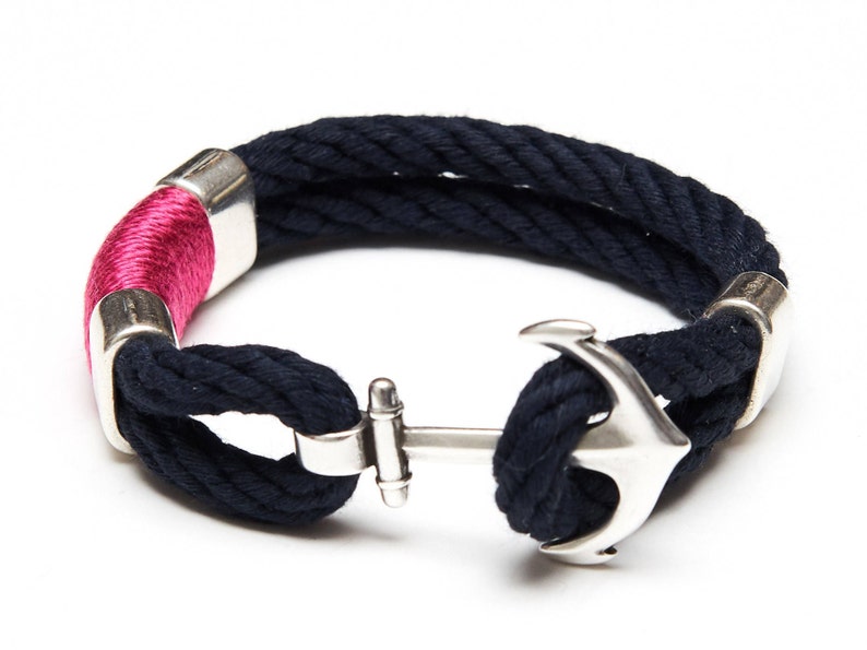 Nautical Rope Bracelet / Nautical Anchor Bracelet / Navy Blue Anchor Bracelet / Silver Pink Green Bracelet / Nautical Jewelry image 1