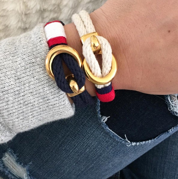 Nautical Rope Bracelet / Gold Hook Clasp Bracelet / Navy Blue Rope ...
