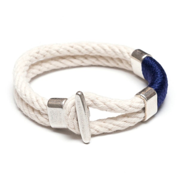 Nautical Rope Bracelet / Nautical Jewelry / Ivory Rope Bracelet / Silver T Bar Clasp Bracelet / Navy Blue Rope Bracelet / Nautical Gift