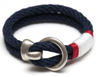 Nautical Rope Bracelet / Silver Hook Clasp Bracelet / Navy Blue Rope Bracelet / Patriotic Rope Bracelet / Nautical Jewelry / Summer Jewelry