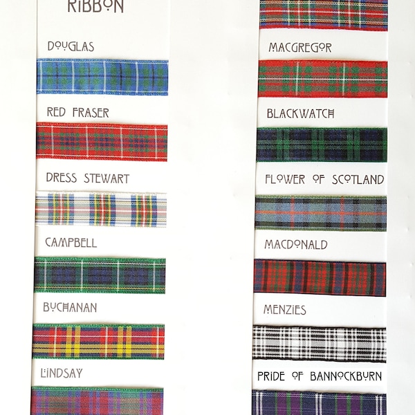 Embroidered Personalised Tartan garter + White or Ivory Lace in a personalised gift box. Blue, green, red, yellow, purple Made in Scotland