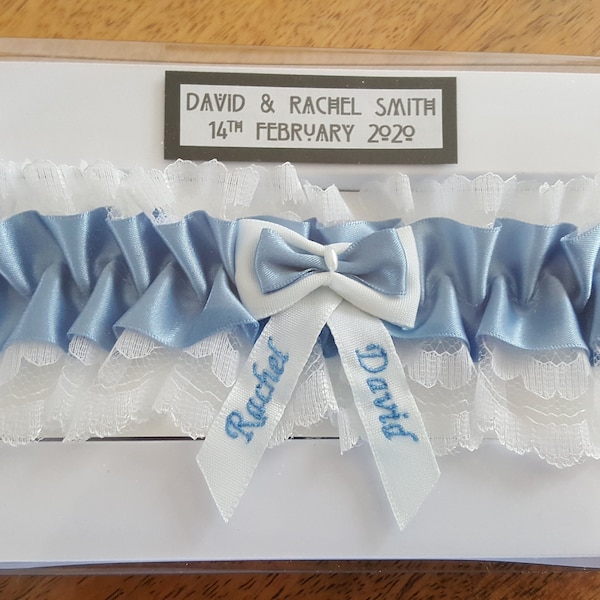 Something Blue Wedding Garter - Personalized Blue Satin Bridal Garter with White or Ivory Lace presented in a personalised gift box