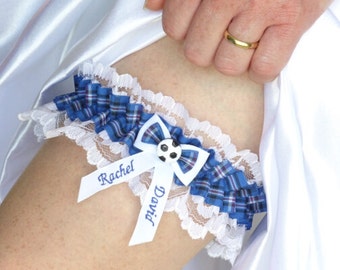 Personalised Tartan Wedding Garter - Rangers Tartan with White or Ivory Lace with football trim, bridal garter, Made in Scotland