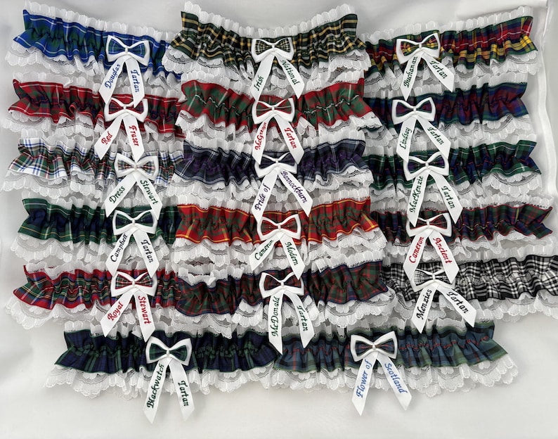 Personalised Tartan wedding garter: Embroidered names & personalised gift box. Hand crafted in Scotland image 1