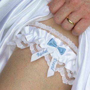 White or Ivory Wedding Garter Personalised with Something Blue presented in personalised gift box