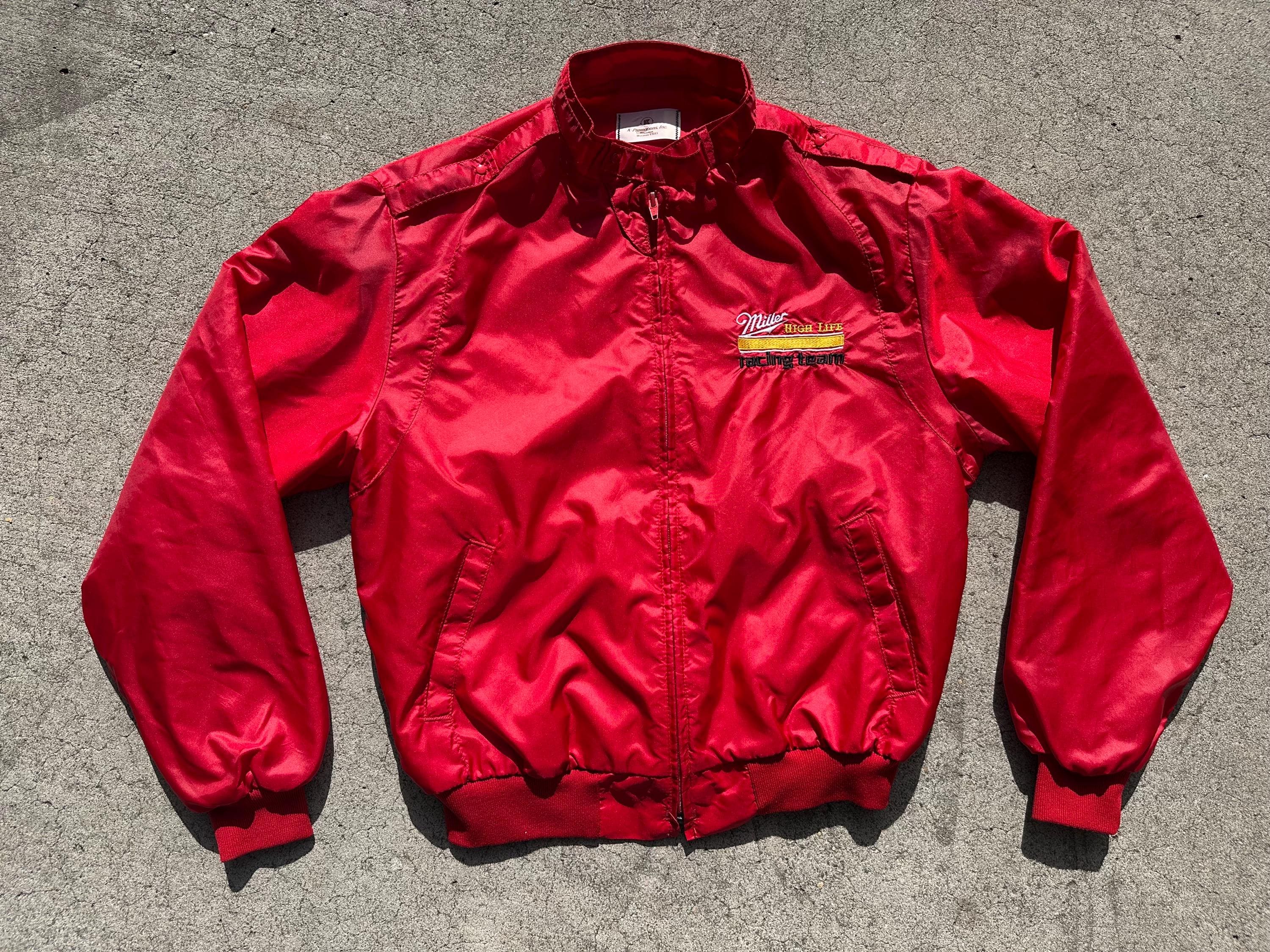 80-90's MIKEBIRNIES オールレザー スタジャン レッド XL Vtg 80s Miller High Life Racing Team Lightweight Windbreaker