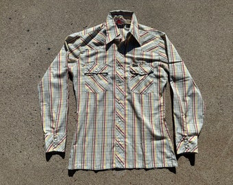 Vtg 80s Wrangler Long Sleeve Pearl Snap Button Down Western Wear Shirt