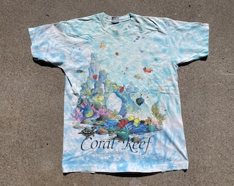 Vintage 1992 Liquid Blue Coral Reef Tie-Dye T-Shirt (XL)