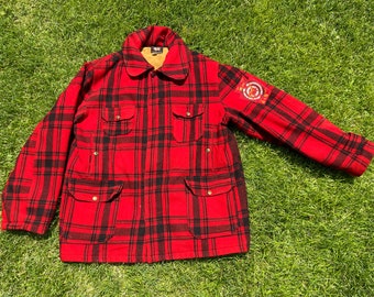 Vtg 50s - 60s Woolrich Buffalo Plaid Hunting Coat - Red Black Flannel, Size 46