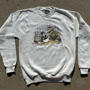 Vtg 90s Cat and Snowman Winter Christmas Printed Crewneck Sweatshirt