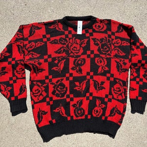Vtg 80s Rose Graphic Knitted Sweater