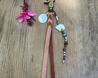 Leather Fringe Fob, Bear Keychain, Garnet Bag Charm
