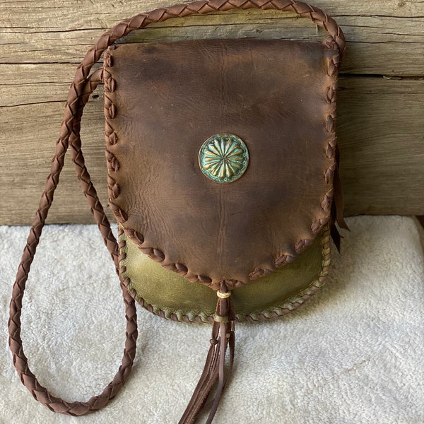 Olive Green and Brown Crossbody Bag, Western Purse, Leather Journal Bag, Leather Book bag, Copper Concho Bag , Southwestern Purse,
