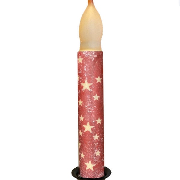 Red with Ivory Stars 6” Timer Taper Flameless Battery Operated Candle T-197