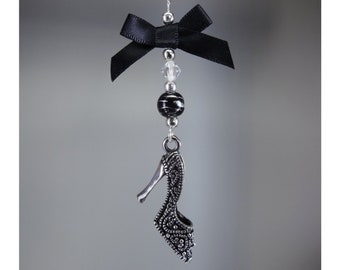 Xmas Tree Decoration - Silver Tone Tibetan High Heeled Shoe - Crystal - Black & Silver Bead -  Wedding Favour