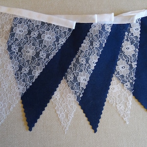 Bunting - PER METRE - Plain Navy Blue & White Floral Lace - Wedding Christening