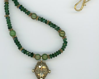 Emerald Green and Crystal Gold Vermeil Necklace, Artisan Jewelry, One of a Kind, Unique, Gift for Her, Balinese Pendant