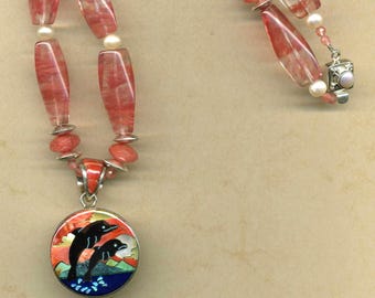 Double Dolphin, Stone Inlay, Cherry Quartz Necklace, Sea Lover, One of a Kind, Handmade Jewelry, Artisan Jewelry, David Freeland Jr