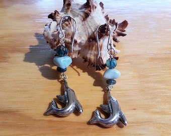 Larimar and Sterling Silver Dolphin Earrings, Ocean Inspired, Beach Fashion, Sea Lover Jewelry, Unique, One of a Kind Handmade, Porpoise