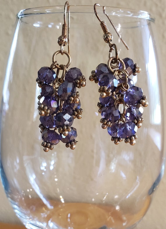 Purple Cluster Earrings Artisan Jewelry Bunch of Grapes Gold