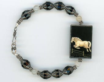 Russian Hand-Painted, Russian Pendant, Leaping Horse Bracelet, Horse Bracelet, Black Onyx, Unique Bracelet, Horse Lovers, Horse Jewelry