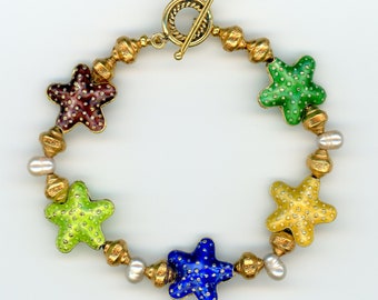 Cloisonné Starfish and Gold Vermeil Bracelet, Ocean Inspired, Artisan Jewelry, Multi-colored, Sea Star, Sea Lover, Freshwater Pearls