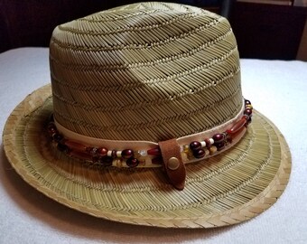 Fedora Hat, Beaded Hat, Handmade Hat, Decorated Hat, Hat Necklace, Barbados Hat, Mookaite Jasper, Removable Necklace, Natural Fiber Hat,