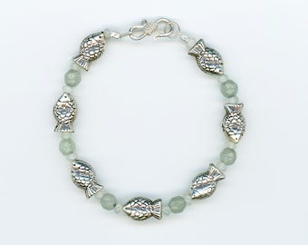 Thai Silver Fish Bracelet, Gemstone, Sterling Silver, Prenite, Quartz, Gift for Her, Ocean Lover, Ocean Inspired, Beach Fashion