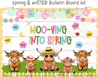 Highland Cow Spring Bulletin Board Kit March April Classroom Door Decor Editable