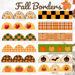 May include: A digital graphic featuring various fall-themed borders. Designs include pumpkins, leaves, and plaid patterns in orange, green, and brown. The text "Fall Borders" is at the top.